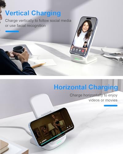 NANAMI Premium Fast Wireless Charging Stand – 20 W USB-C Adapter Included, Compatible with i Phone 16/15/14/13/12 Pro/Pro Max & Samsung Galaxy S25/S24/S23/S22 – Sleek, Compact Design with Safety Features for Efficient, Hands-Free Charging Experience