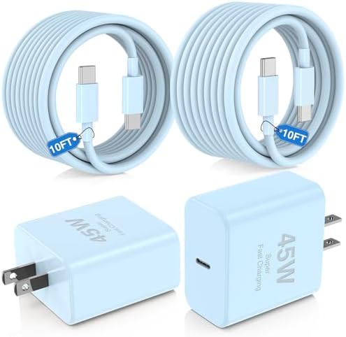 45 W USB-C Fast Charger Bundle for i Phone 16/16 Pro Max & 15/15 Pro Max – 2-Pack 10 FT Type C Cables, PD 3.0 Power Delivery Adaptor for i Pad Pro, Mac Book Air/Pro M1/M2, Air Pods – Stylish Purple Design with Enhanced Charging Speed and Compatibility