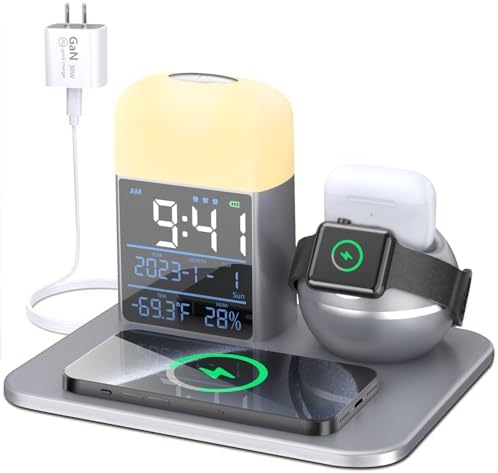 Ultimate 9-in-1 Wireless Charging Station with Integrated Alarm Clock and Night Light – Fast Qi-Certified Docking Solution for Apple Devices with 30 W Ga N Charger and USB Port – Stylish Blue Design for Clutter-Free Bedside Charging