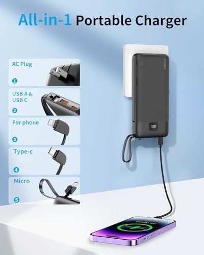 Revolutionize Your Charging Experience with ANOUV 10,000 m Ah Portable Power Bank – Built-in Cables & AC Plug for Fast, On-the-Go USB-C Charging, Compatible with i Phones and All Smart Devices – LED Display for Real-Time Battery Monitoring – The Ultimate Travel Essential for Efficiency and Convenience