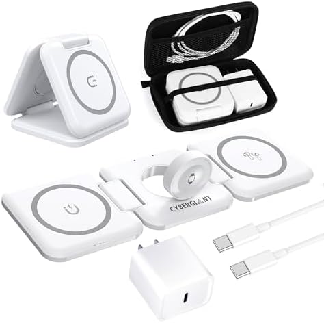 Revolutionary 3-in-1 Foldable Apple Charging Station: Compact Magnetic Dock for i Phone, Air Pods & i Watch – Travel-Ready Power Hub with Adaptor & Protective Case (Chic White) – Enhanced Speed for Seamless Device Compatibility and Streamlined Charging Solutions