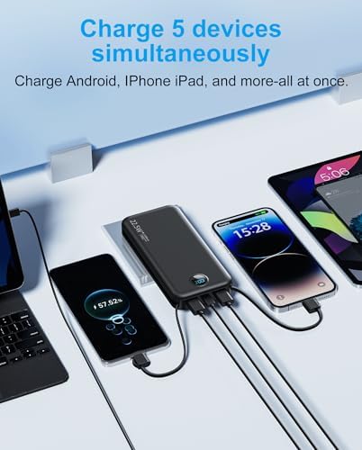 Ultra-Fast Portable Phone Charger with 12000 m Ah Capacity – All-in-One Power Bank with Integrated Cables, Wall Plug, and LED Display for i Phone, i Pad, Samsung – Essential Travel Companion for Uninterrupted Connectivity