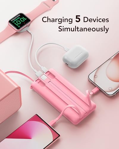 VRURC 10,000 m Ah Slim Power Bank – Ultimate Multi-Device Portable Charger with Built-in Cables, 5 Outputs & Dual USB-C Inputs for i Phone, Samsung, Android – Travel Essential for On-the-Go Power Solutions