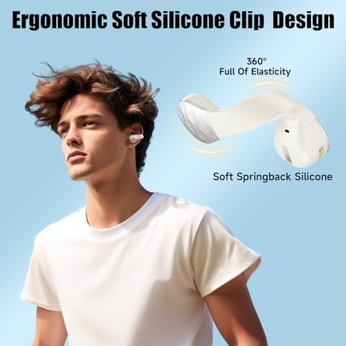 Elevate Your Fitness Journey with aigo Wireless Open Ear Earbuds – Ultra-Lightweight Bluetooth Clip-On Headphones for Active Lifestyles, Enhanced Situational Awareness, Built-In Mic for Hands-Free Calls, and Convenient Wireless Charging in Chic Off White Design – Perfect for Runners, Gym Enthusiasts, and Outdoor Workouts