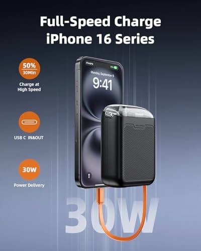 Compact 30 W Retractable USB-C Power Bank with Fast Charging – Sleek Dual Charging Battery Pack for i Phone 15, Android Devices & Laptops – Integrated 60 cm Cable & LCD Display for Ultimate On-the-Go Power Solutions
