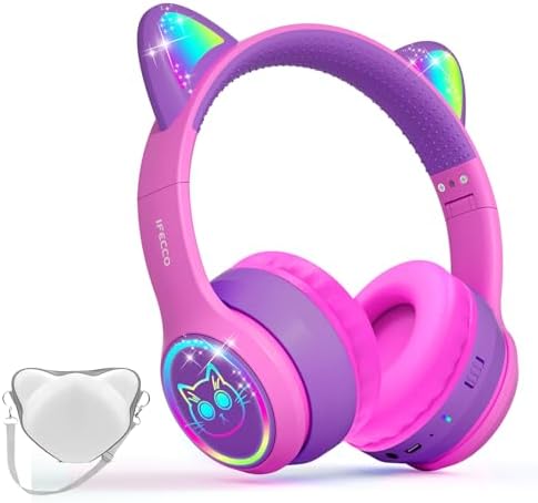 IFECCO Wireless Kids Bluetooth Cat Ear Headphones – Fun Light-Up Design with Volume Limiting Feature, Built-in Microphone, and Foldable Portability for Travel and Learning – Ultimate Gift for Young Music Enthusiasts