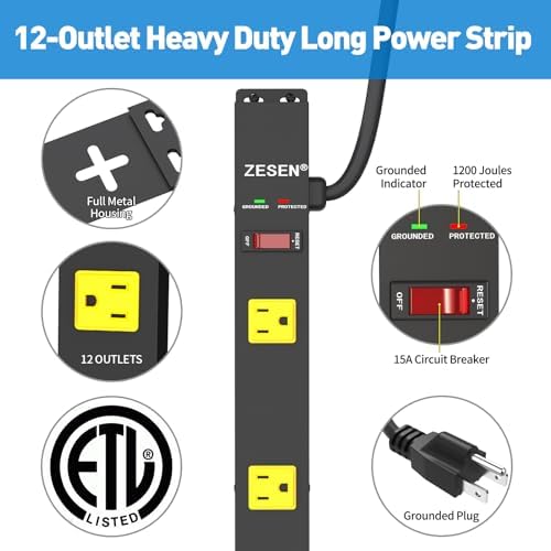 Heavy-Duty 12-Outlet Power Strip with Surge Protection – 4 ft Cord, ETL Certified for Industrial & Garage Use, Efficient Multi-Device Connectivity, Durable & Reliable Power Supply Solution for Workshops and Equipment