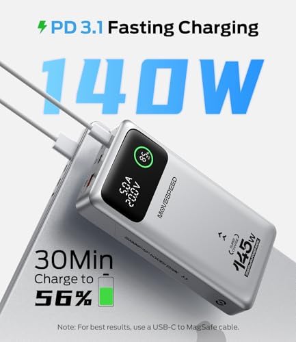 MOVE SPEED 145 W High-Capacity Laptop Power Bank – 25,000 m Ah Portable Charger with PD 3.1, 240 W Type-C Cable & Smart Display for Optimal Device Compatibility – FAA-Approved, Ultra-Fast Charging Solution for i Phone, Mac Book, Galaxy & More – Essential Travel Companion with 36-Month Warranty This powerful portable power bank meets stringent FAA and TSA regulations, ensuring safe travel for frequent flyers. With a massive 25,000 m Ah capacity, it delivers multiple charges for your essential devices, including 4 full charges for i Phone 16 and 3 for Galaxy S24. Experience ultra-fast charging with a single 140 W USB-C output that charges a 16-inch Mac Book Pro to 56% in just 30 minutes. The included 240 W-rated Type-C cable guarantees maximum efficiency, while the intelligent display provides real-time insights into battery percentage and charging status. Featuring a dynamic triple-port design, this charger ensures simultaneous charging for two devices, making it the ultimate solution for your on-the-go lifestyle. Benefit from a comprehensive 36-month protection plan for peace of mind with your purchase.