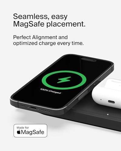 Belkin 15 W Mag Safe-Compatible 2-in-1 Wireless Charging Station – Fast Dual Device Charger for i Phone 16, 15, 14, 13 Series & Air Pods – Sleek Sand Design for Effortless Portability and Seamless Power Solutions