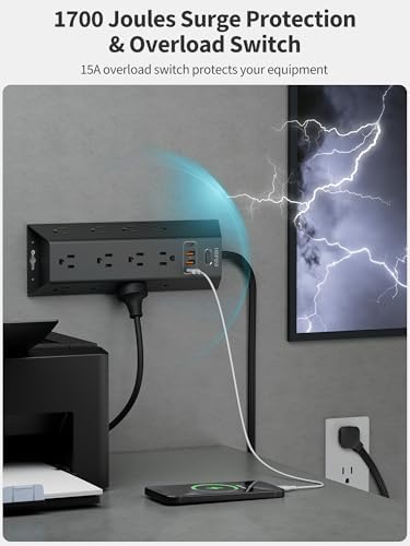 15 FT Surge Protector Power Strip with 12 AC Outlets & 4 USB Ports (2 USB-C) – Versatile Flat Plug Extension Cord for Home & Office, Wall Mountable Charging Station for Efficient Device Management and Enhanced Safety