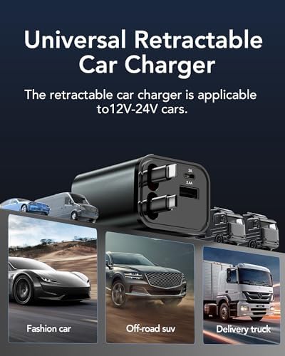 Ultimate 3-in-1 Retractable Car Charger – 50 W Fast Charging Solution with Type C Cable & USB Port for i Phone 16/15/14/13/12/11, Galaxy & Pixel Devices – Tangle-Free Convenience for On-the-Go Power Management