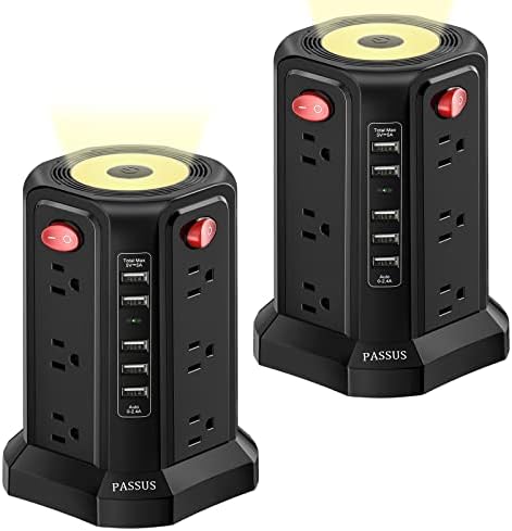 PASSUS Surge Protector Power Strip Tower with 12 AC Outlets and 5 High-Speed USB Ports – 10 FT Extension Cord with Overload Protection and Built-In Night Light for Home Office and Dorm Room – Sleek Black Design for Ultimate Charging Efficiency