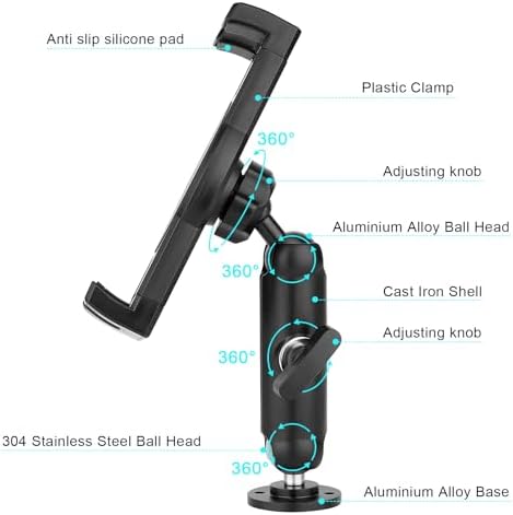 Heavy-Duty Aluminum Tablet Holder with Drill Base for Cars, Trucks, and Boats – Universal Mount for 4″-12.9″ Devices – Enhanced Stability, 360-Degree Rotation, and Large Case Compatibility for Safe Hands-Free Use