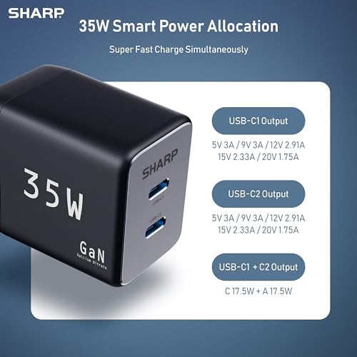 Optimize Your Charging Routine with the Sharp 35 W Dual USB-C Charger – Compact Ga N Fast Charging Adapter for i Phone 15, i Pad Pro, and More – Foldable, Portable Design for Effortless Charging Anywhere – Versatile Compatibility for All Your Essential Devices