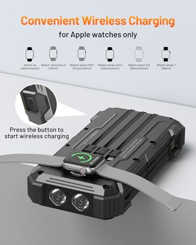 Ultimate GOODaaa Solar Power Bank – 42,800 m Ah High-Capacity Portable Charger with 20 W Fast Charging, Integrated Cables, Wireless Charging for Apple Watch, LED Flashlight, Carabiner & Built-in Thermometer – The Essential Outdoor Power Solution for Adventurers and Travelers