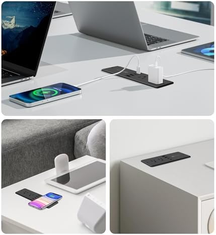 Revolutionary 20 W Recessed Power Strip with 15 W Wireless Charger – Ultimate Flush Mount Charging Solution Featuring 4 USB Ports (2 USB-C) for Enhanced Device Compatibility, Ideal for Home and Office Setup with 6 FT Cable and Built-In Surge Protection