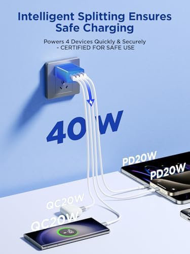 Aioneus 40 W USB C Fast Charging Block – 4-Port Dual PD & QC Wall Charger for i Phone 11-16, i Pad & Samsung Devices – Compact, High-Performance Power Adapter with Enhanced Safety Features for Home & Travel