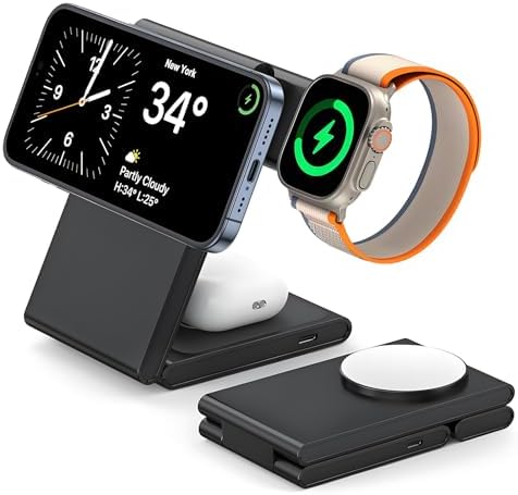 Magnetic 3-in-1 Wireless Charging Stand for i Phone 16/15/14/13/12 Pro/Pro Max/Plus/Mini – Fast Charging Dock for Apple Watch & Air Pods with Overcharge Protection – Sleek, Compact Design for Enhanced Device Organization and Efficiency