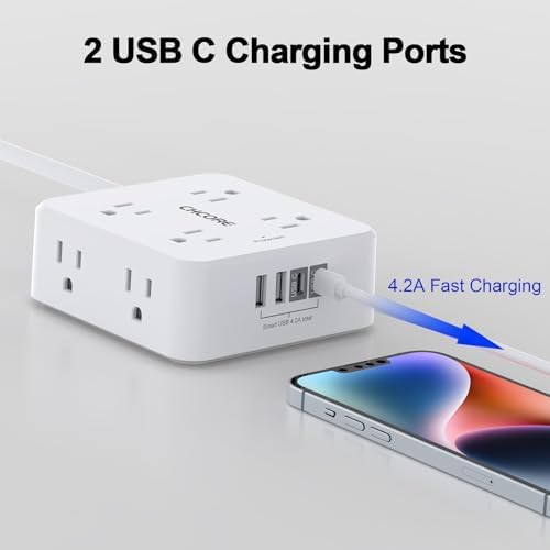 CHCORE 5 Ft Surge Protector Power Strip – 8 Outlet Power Hub with 4 USB Ports (2 USB-C) for Rapid Charging, Flat Plug Design for Space-Saving Convenience in Home and Office, ETL Certified for Enhanced Safety and Performance