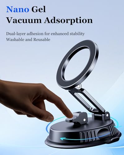 Mag Safe-Compatible Vacuum Suction Magnetic Phone Holder for Enhanced Stability in Cars, Gyms, and Showers – Adjustable, Foldable Design for Optimal Viewing of i Phone 16/15/14/13/12 – Versatile, Secure Mounting for Effortless Navigation and Hands-Free Convenience