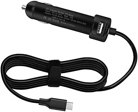 High-Efficiency 65 W USB-C Car Charger for Dell, Lenovo, HP, Acer & Asus Laptops – Ultimate Compatibility & Fast Charging for Models Including Dell Latitude, XPS, Precision & Inspiron – Dual Device Charging with 5.1 V USB Port – Ideal for On-the-Go Power Needs