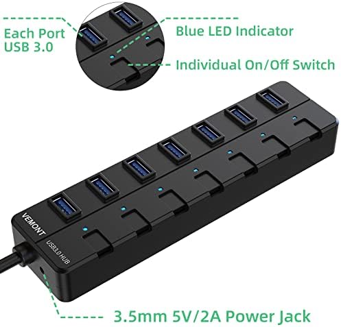 VEMONT 7-Port USB 3.0 Hub with Individual Power Switches and 5 V2 A Adapter – High-Speed USB Charging Hub for Enhanced Connectivity and Efficient Device Management with 4 ft Cable – Ideal for Tech Enthusiasts and Professionals