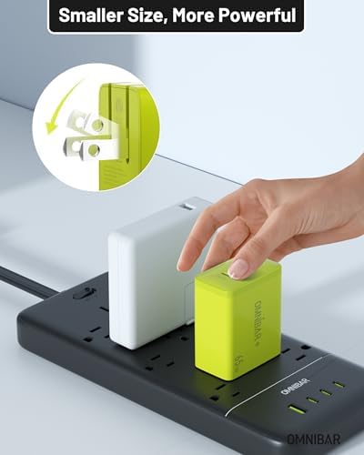 Omnibar 65 W Ga N USB-C Fast Charger Block – 3-Port Travel Adapter for i Phone 16/15, Mac Book Pro/Air, Galaxy S24/S23 & Nintendo Switch – Compact Lime Green Design for Effortless Multi-Device Charging – Universal Compatibility & High-Efficiency Power Delivery for On-the-Go Tech Users
