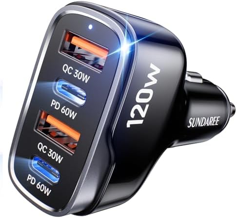 High-Powered 120 W USB C Car Charger with 4 Ports – Dual USB-C PD 60 W & USB-A QC 30 W Fast Charging Adapter for i Phone 16/15/14/13/12, Samsung Galaxy S24 Ultra/S23, Google Pixel & Android Devices – Ultimate Travel Charging Solution for Multiple Devices on the Go