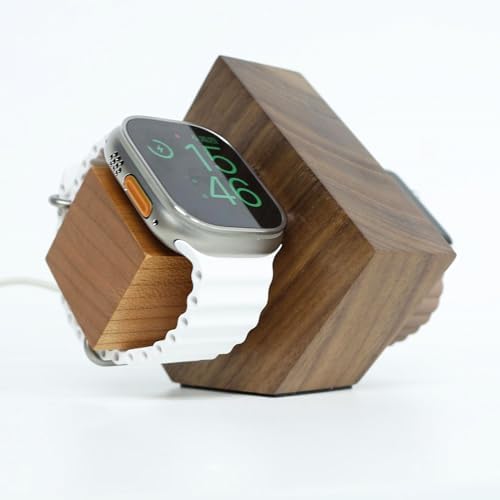 Transform Your Charging Setup with Our Elegant Black Walnut Dual i Watch Dock – Premium Stand for Apple Watch Ultra 2, SE, Series 10-1 (38-49 mm) – Chic Acrylic & Wood Fusion with Anti-Slip Base for Reliable Charging – Optimize Your Space with a Dual Device Charging Station Tailored for Apple Watch Aficionados and Tech Lovers.