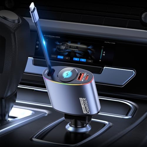 Topume 60 W Fast Charging USB C Car Charger with Retractable Cable and Colorful Ambient Lighting – Ultimate Multi-Device Charging Solution for i Phone 16/15/15 Pro Max/14/13/12/11 & Galaxy Models – Tangle-Free Design for On-the-Go Convenience and Enhanced Vehicle Aesthetics
