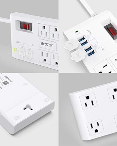BESTEK 8-Outlet Power Strip with 5-Foot Extension Cord: Multi-Port USB Charging Hub Featuring 3 USB-A (2.4 A) & 1 USB-C (3 A) | 1625 W Max Output with 600 Joule Surge Protection for Enhanced Device Safety | Ultra-Compact Design for Home & Office Efficiency