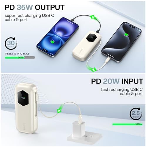 Ultra-Fast 2025 Portable Power Bank 10000 m Ah with Integrated Retractable PD Cable – 35 W Quick Charge Solution for i Phone, Samsung, Android, i Pad & Mac Book – Dual Device Charging Capability & Intelligent LED Power Indicator (Chic Blue)