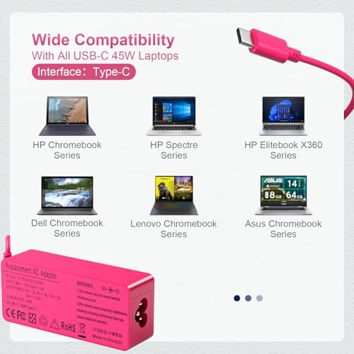 High-Efficiency 45 W USB-C Power Adapter for HP Chromebooks – Fast-Charging Compatibility for Elite, Spectre, and Envy Laptops – Universal Input 100-240 V – One-Year Satisfaction Guarantee – Perfect Replacement for Chromebook 11/14 Series and More