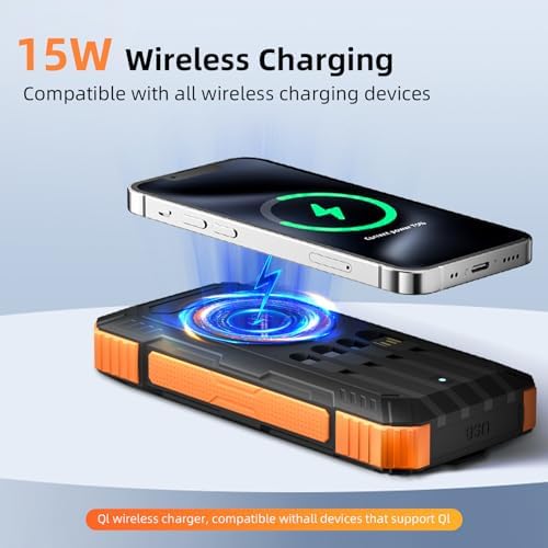 Ultimate 49800 m Ah Solar Power Bank – Wireless Fast Charger with 22.5 W QC3.0, Multi-Device Capability, Built-In Cables & Emergency LED Flashlight – Ideal Outdoor Companion for Smartphones and Tablets, Durable & Waterproof Design for Adventurers
