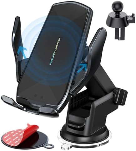15 W Qi Wireless Car Charger Mount with Auto-Clamping Feature – Versatile Phone Holder for i Phone & Samsung, Long Arm Suction Cup for Dashboard, Windshield, and Air Vent – Effortless Hands-Free Charging for Ultimate Convenience