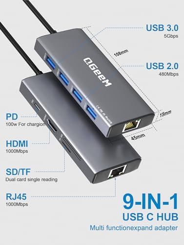Unlock Seamless Connectivity with the QGee M 9-in-1 USB C Hub – The Ultimate Multi-Port Adapter for High-Speed Data Transfer, 4 K HDMI Output, and 100 W Power Delivery – Perfectly Compatible with Mac Book Pro, Air, i Pad, Dell, HP, Lenovo, and Chromebook – Compact, Stylish Blue Design for On-the-Go Professionals and Creatives