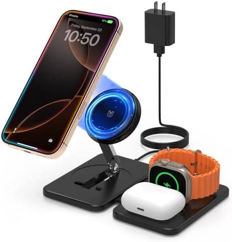Magnetic Wireless Charging Station for i Phone 15/14/13/12 Pro Max & Apple Devices – Joy Geek 3-in-1 Fast Charger Pad for i Phone, Apple Watch Ultra 9-2, and Air Pods – Compact Design with Enhanced Compatibility and Secure Magnetic Alignment