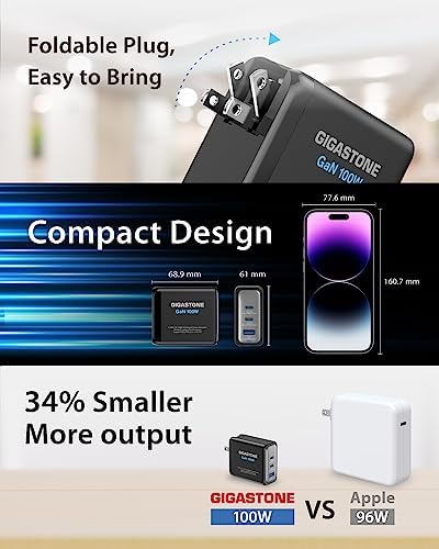 Gigastone 100 W USB-C Ga N Charger: High-Efficiency Travel Power Adapter with Intelligent Power Allocation for Rapid Device Charging – Compatible with Mac Book Pro/Air, Dell XPS, i Pad, i Phone 16/15, Galaxy S24/S23 – Foldable Design for Ultimate Portability and Safety Features