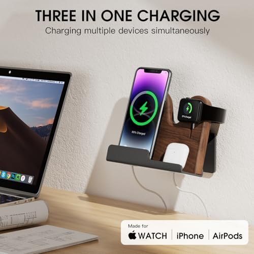 3 in 1 Wall Mount Compatible with magsafe Charger Stand，Wood Phone Holder for iPhone 15/15 Pro/14/13/12 Series, Compatible with Apple Watch, AirPods, Magsafe Accessories[MagSafe Charger Not Included] – Enhanced Compatibility and Speed