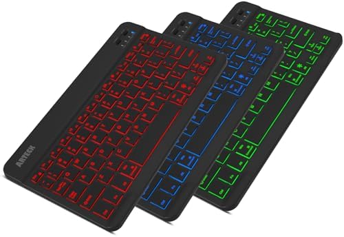 Ultra-Light Slim Backlit Bluetooth Keyboard – 7 Color Customizable Lights, 6-Month Rechargeable Battery, Multi-Device Compatibility for i OS, Android, Windows Tablets & Smartphones – Perfect for On-the-Go Productivity