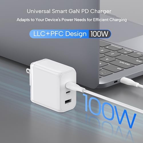 Ultra-Fast 100 W Ga N II PD Charger with 3 Ports – 2 USB-C & 1 USB-A, 6.6 ft E-Mark Cable, Perfect for Mac Book Pro, Pixelbook, Think Pad, XPS, i Pad Pro, Samsung Galaxy S23 Ultra & i Phone 16 Pro – Compact Power Solution with Enhanced Safety Features for Rapid Device Charging