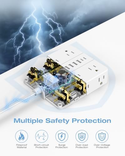 Maximize Your Charging Potential with AOFO 5 Ft Flat Plug Power Strip: 12 Outlet Surge Protector & 6 USB Ports (4 USB-A, 2 USB-C) for Home, Office, and Dorm Use – Reliable, Safe, and Space-Saving Design for All Your Devices