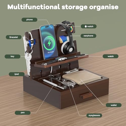 Nightstand Organizer with Charging Station, Wood Docking Station with USB Ports and Outlets, Gifts for Men, Bedside Holder with Drawer for Kindle,Phone,Key, Watch & Accessories (Classic Black) – Enhanced Compatibility and Speed