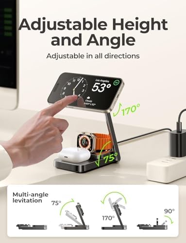 Lisen 3-in-1 Bedside Charging Station: Magnetic Wireless Charger for i Phone 16 & 15 Pro Max, 15 W Travel Adapter for Apple Watch & Air Pods – Sleek, Compact Design for Enhanced Convenience and Compatibility