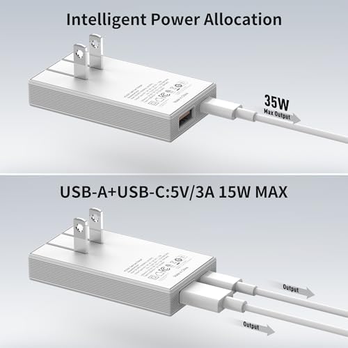 Ultra-Slim 35 W Dual-Port USB-C Power Adapter – PD 3.0 & QC 3.0 Compatible Fast Charger for i Phone 15 Pro, Samsung Galaxy S24/S23 Series, Pixel 8 Pro & More – Travel-Ready Design for Rapid Charging at Home or Office