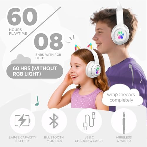 MIDOLA Cat Ear Bluetooth 5.3 Wireless Headphones for Kids – 60-Hour Playtime, Fun LED Illumination, Travel-Friendly Foldable Design with Integrated Microphone – Ideal for Music, Gaming, and Movies on the Move in Stylish Blue