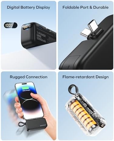 Momax 5000 m Ah Portable Power Bank with Integrated Foldable USB-C Connector & Fast Charging Cable – Ultimate On-the-Go Charger for i Phone 15, Android Devices, Laptops, i Pads, and Air Pods with Digital Battery Display for Enhanced Mobility and Convenience