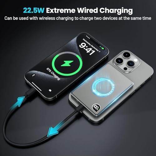 Ultra-Slim 5000 m Ah Magnetic Power Bank with Built-In USB-C Cable – 22.5 W Fast Charging Solution for i Phone 16/15/14/13, Samsung Galaxy, and Android Devices – Lightweight Design, Smart Thermal Regulation, and Universal Compatibility for Effortless On-the-Go Charging