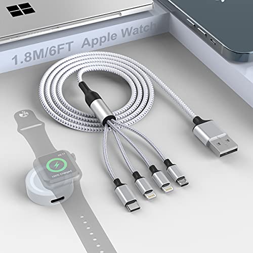 Universal 5-in-1 USB Smart Watch Charging Cable – 1.8 M/6 FT Nylon Braided Durable Charger with Magnetic Connector for Apple Watch & Android Devices – Lightning, Type C, Micro USB Compatibility for Quick Power Solutions