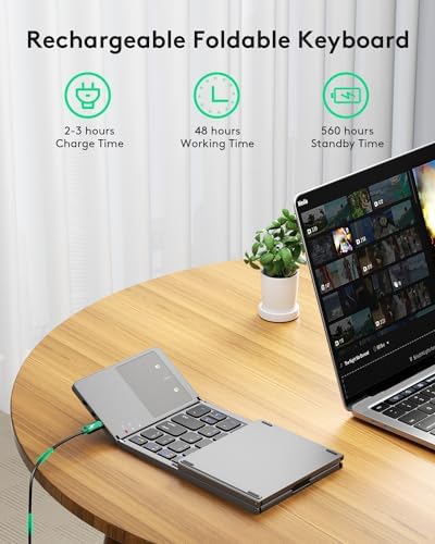 Samsers Portable Bluetooth Keyboard with Touchpad – Ultra-Slim Foldable Wireless Keyboard for Effortless Typing on Android, Windows, and i OS Devices – Rechargeable, Travel-Friendly Design with Device Holder – Black